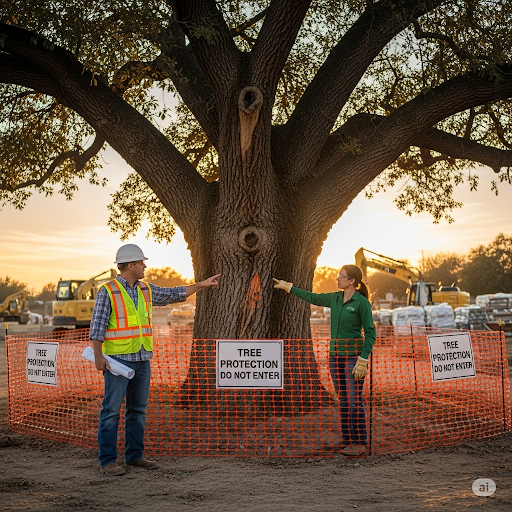 Ein großer Baum wird auf einer Baustelle geschützt